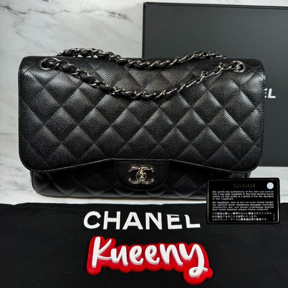 CHANEL Handbags - Chanel Caviar Jumbo Double Flap Bag Classic Quilted Leather Black CC Silver